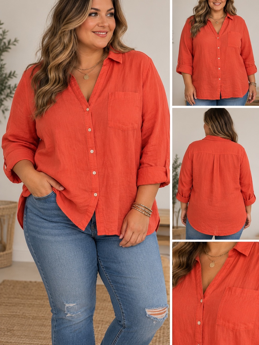 Sigrid Olsen Button-Down Shirt in Coral-Orange